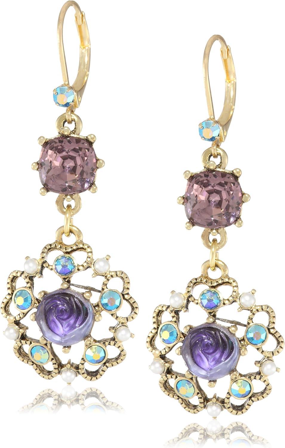 Carved Flower Medallion & Crystal Gem Drop Earrings,Purple