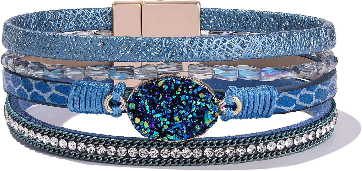 Leather Wrap Bracelet Boho Cuff Bangle Bracelets Crystal Bead Bracelet with Magnetic Clasp Jewelry Gifts for Women