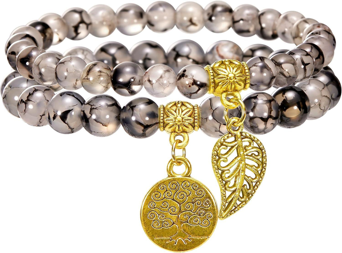 Bivei Natural Semi Precious Gemstone beads bracelet for women - Life Tree and Leaf Charm Energy Reiki Crystal Stretch Bracelets