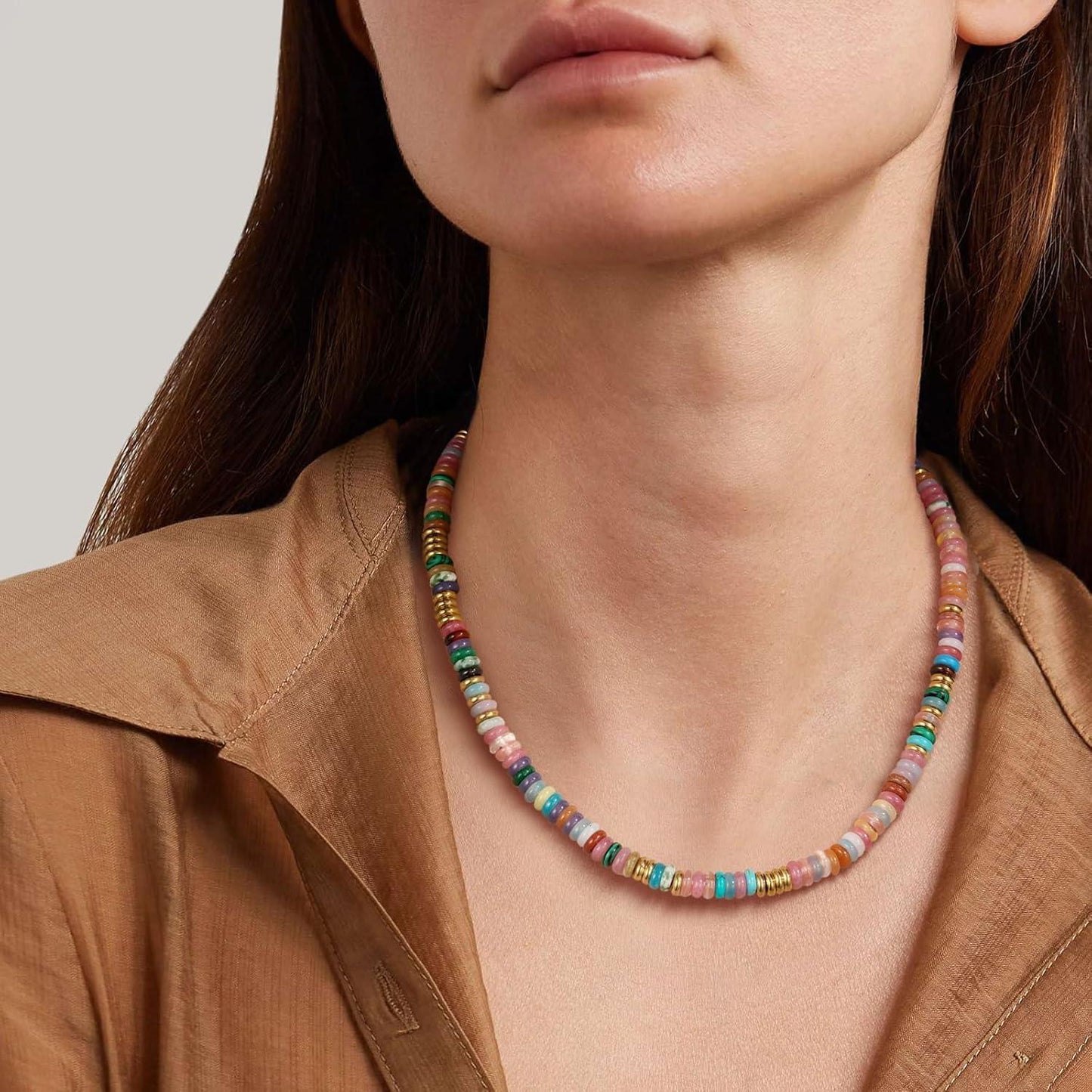 Beaded Choker Necklace for Women, Gemstone Choker Natural Stone Freshwater Pearl Surfer Necklaces 14K Gold Plated Summer Beach Handmade Jewelry