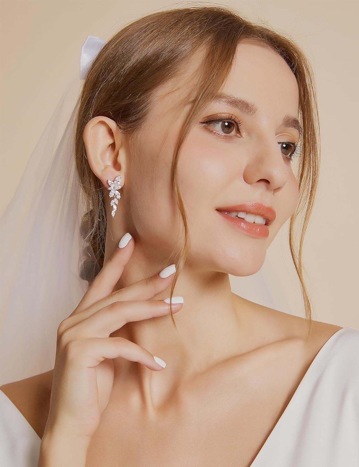 Silver Dangle Earrings for Women Cubic Zirconia Marquise Bridal Wedding Earrings 925 Sterling Silver Post Engagement Earring