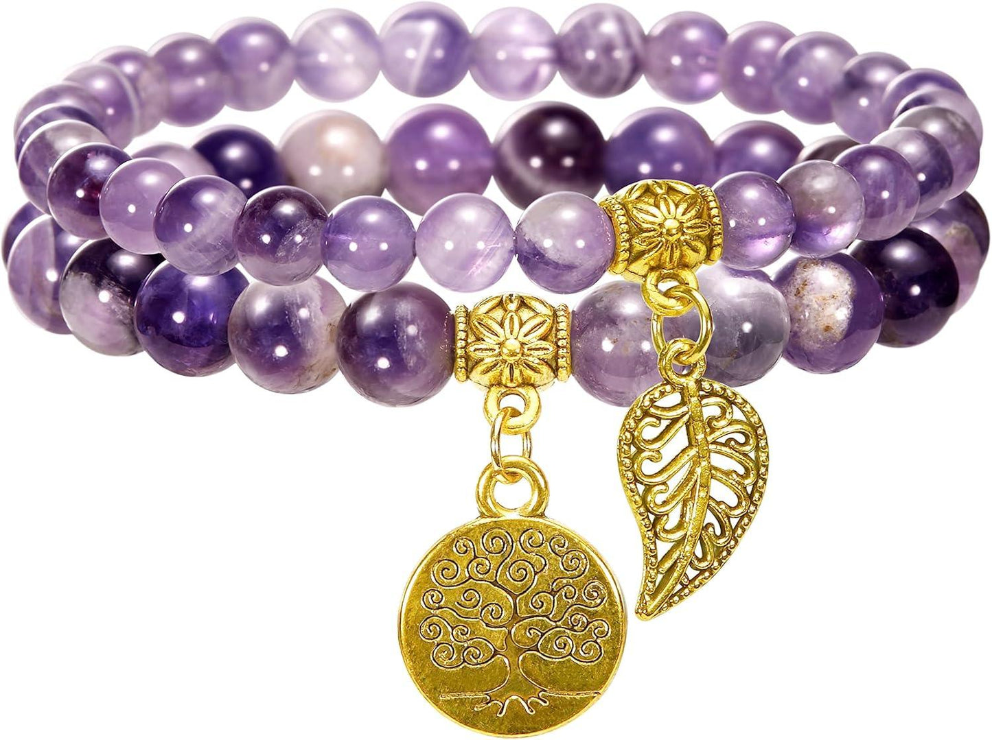 Bivei Natural Semi Precious Gemstone beads bracelet for women - Life Tree and Leaf Charm Energy Reiki Crystal Stretch Bracelets