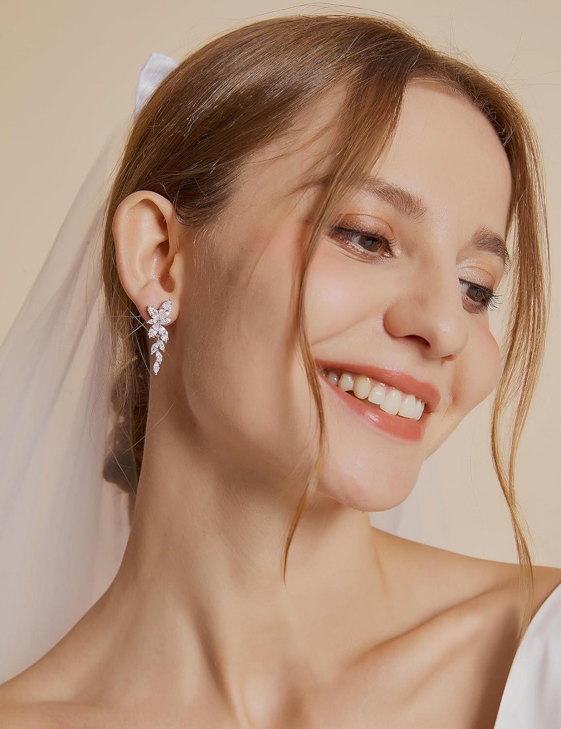 Silver Dangle Earrings for Women Cubic Zirconia Marquise Bridal Wedding Earrings 925 Sterling Silver Post Engagement Earring