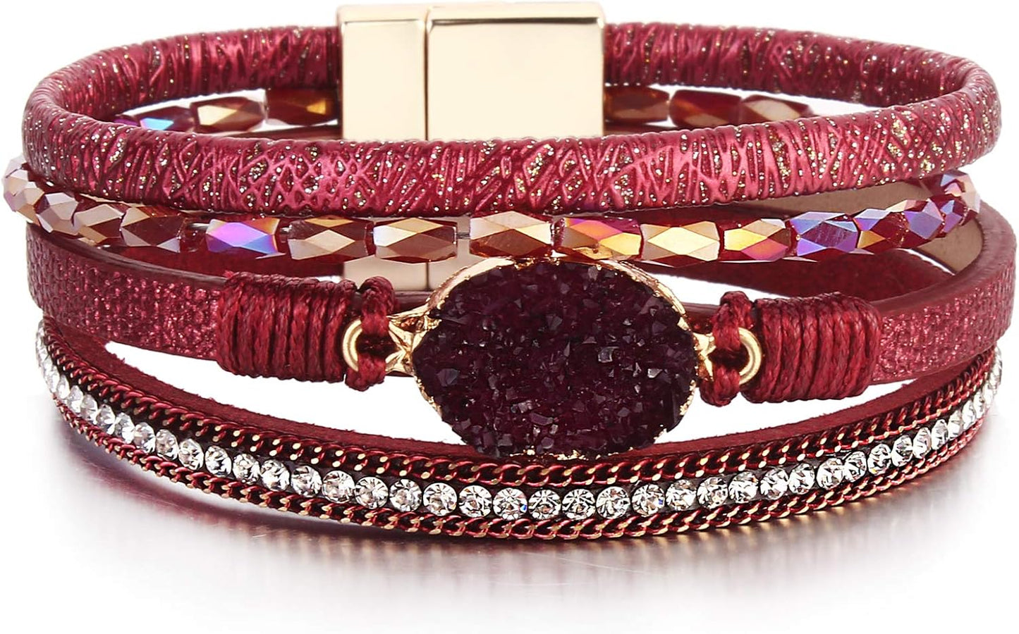 Leather Wrap Bracelet Boho Cuff Bangle Bracelets Crystal Bead Bracelet with Magnetic Clasp Jewelry Gifts for Women