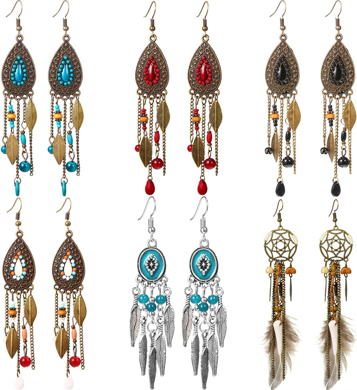 6 Pairs Women Faux Feather Earrings Dream Catcher Bohemian Fringe Tassel Long Drop Dangle Earrings Set with Design for Women