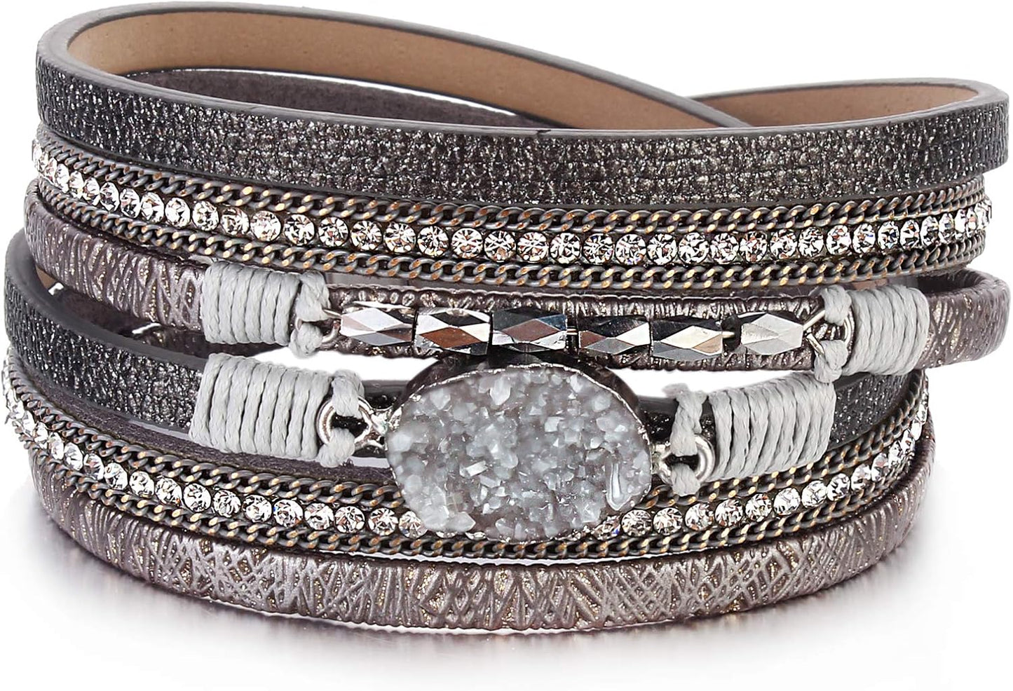 Leather Wrap Bracelet Boho Cuff Bangle Bracelets Crystal Bead Bracelet with Magnetic Clasp Jewelry Gifts for Women