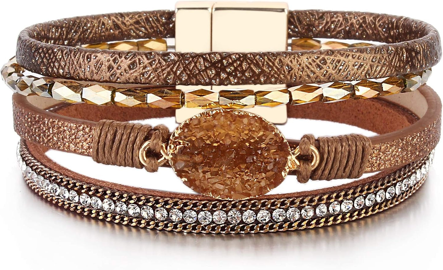Leather Wrap Bracelet Boho Cuff Bangle Bracelets Crystal Bead Bracelet with Magnetic Clasp Jewelry Gifts for Women