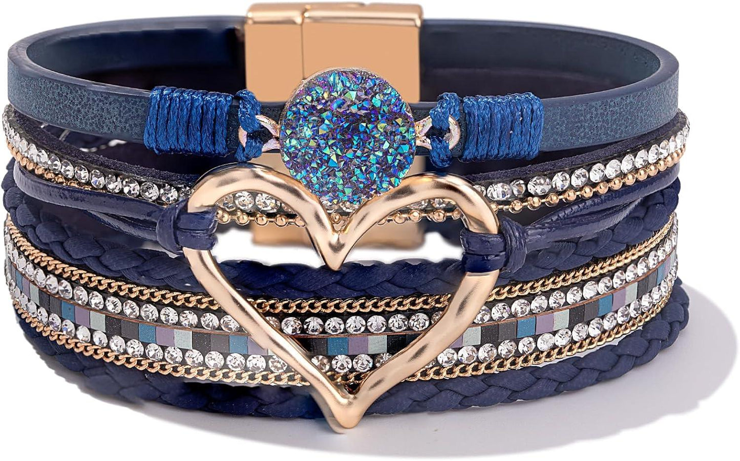 Heart Leather Wrap Bracelets Stackable Boho Cuff Bangles Trendy Resin Stone Rhinestone Bracelets with Magnetic Clasp for Women Mother Gift Jewelry