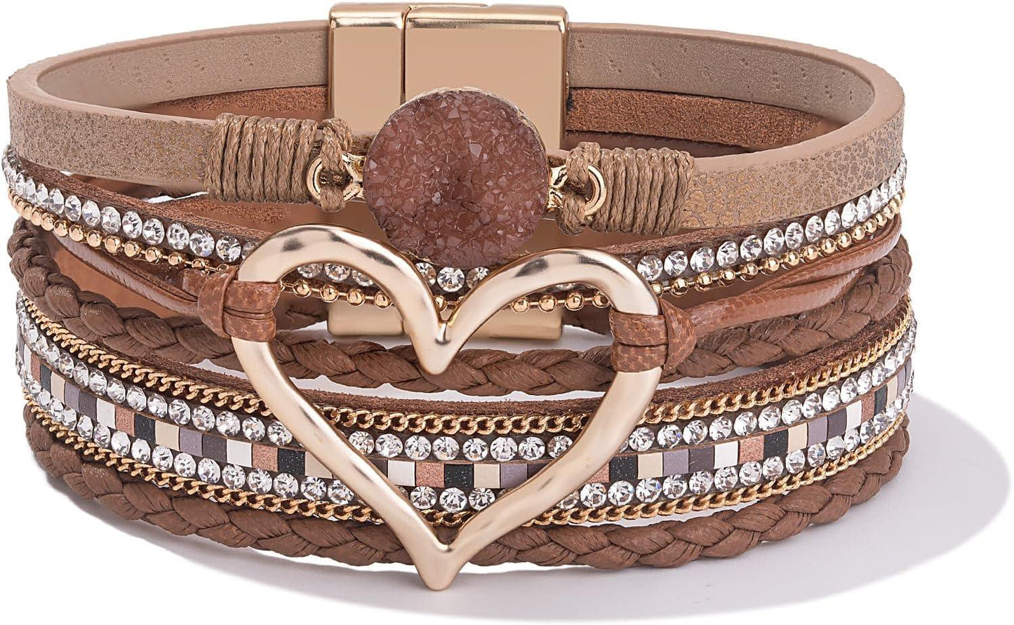 Heart Leather Wrap Bracelets Stackable Boho Cuff Bangles Trendy Resin Stone Rhinestone Bracelets with Magnetic Clasp for Women Mother Gift Jewelry