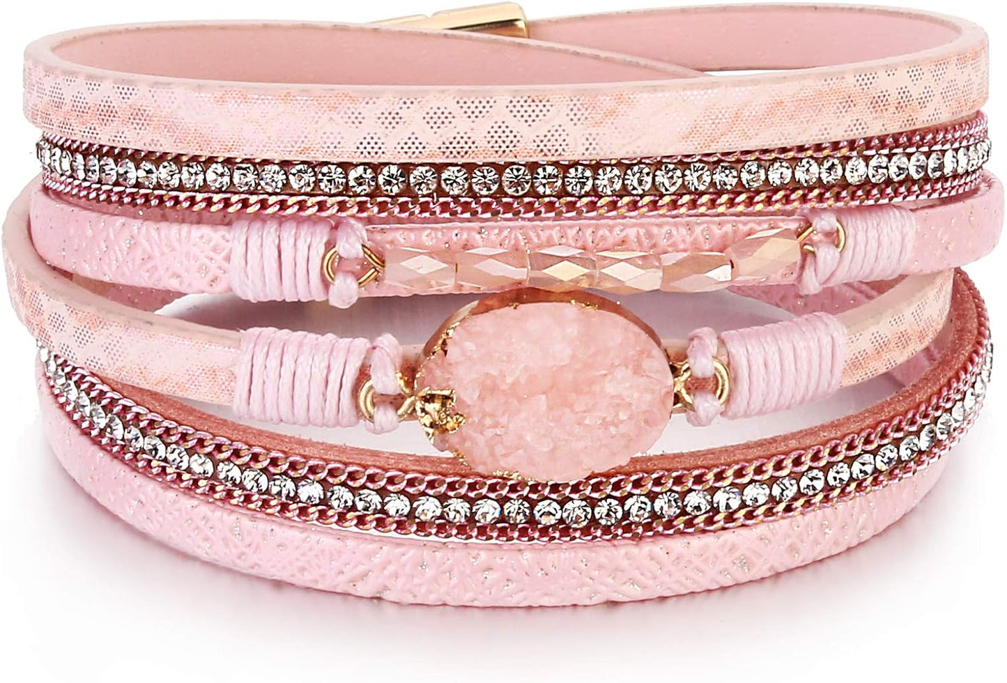 Leather Wrap Bracelet Boho Cuff Bangle Bracelets Crystal Bead Bracelet with Magnetic Clasp Jewelry Gifts for Women
