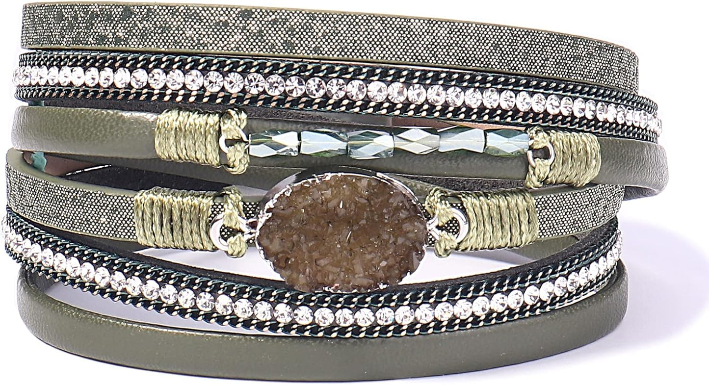 Leather Wrap Bracelet Boho Cuff Bangle Bracelets Crystal Bead Bracelet with Magnetic Clasp Jewelry Gifts for Women