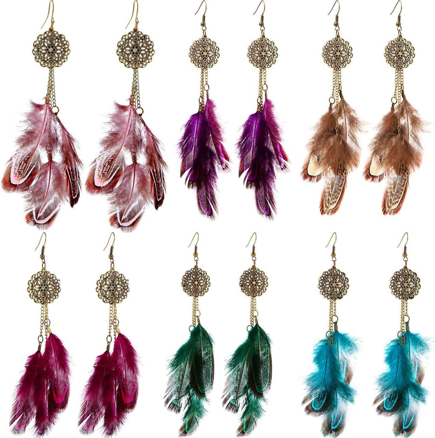 6 Pairs Women Faux Feather Earrings Dream Catcher Bohemian Fringe Tassel Long Drop Dangle Earrings Set with Design for Women