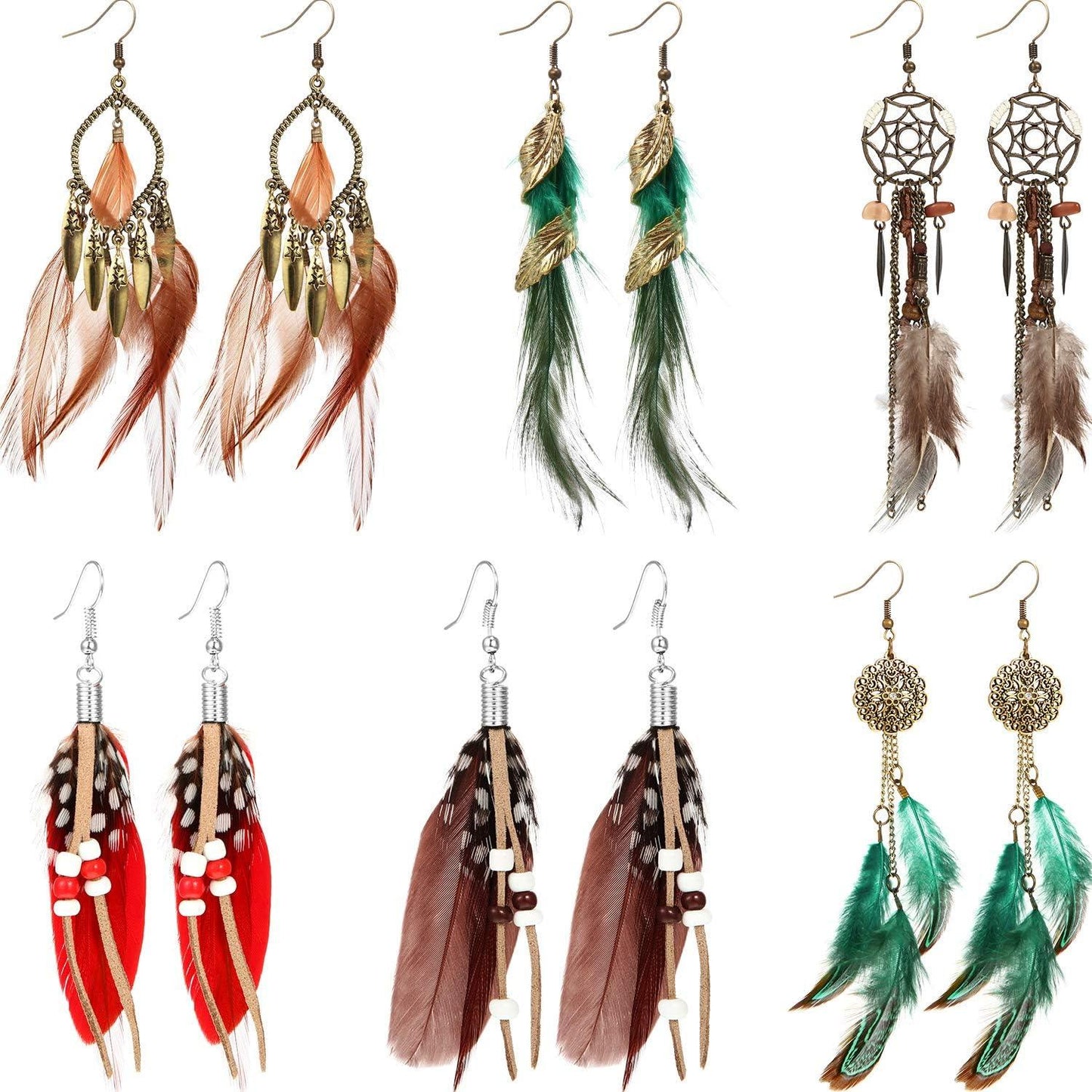 6 Pairs Women Faux Feather Earrings Dream Catcher Bohemian Fringe Tassel Long Drop Dangle Earrings Set with Design for Women