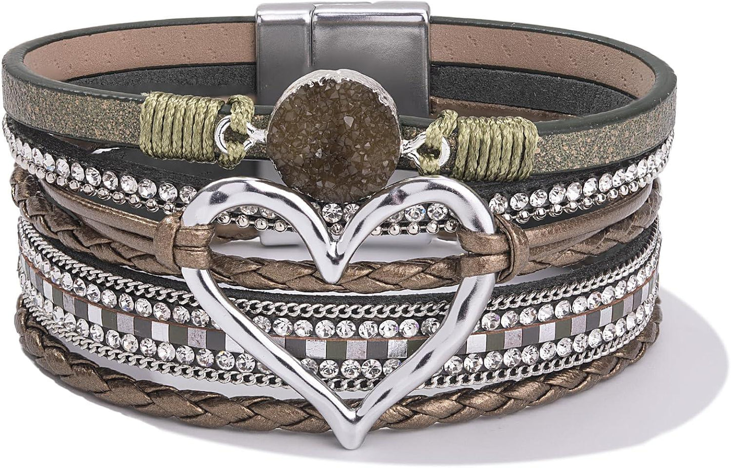 Heart Leather Wrap Bracelets Stackable Boho Cuff Bangles Trendy Resin Stone Rhinestone Bracelets with Magnetic Clasp for Women Mother Gift Jewelry