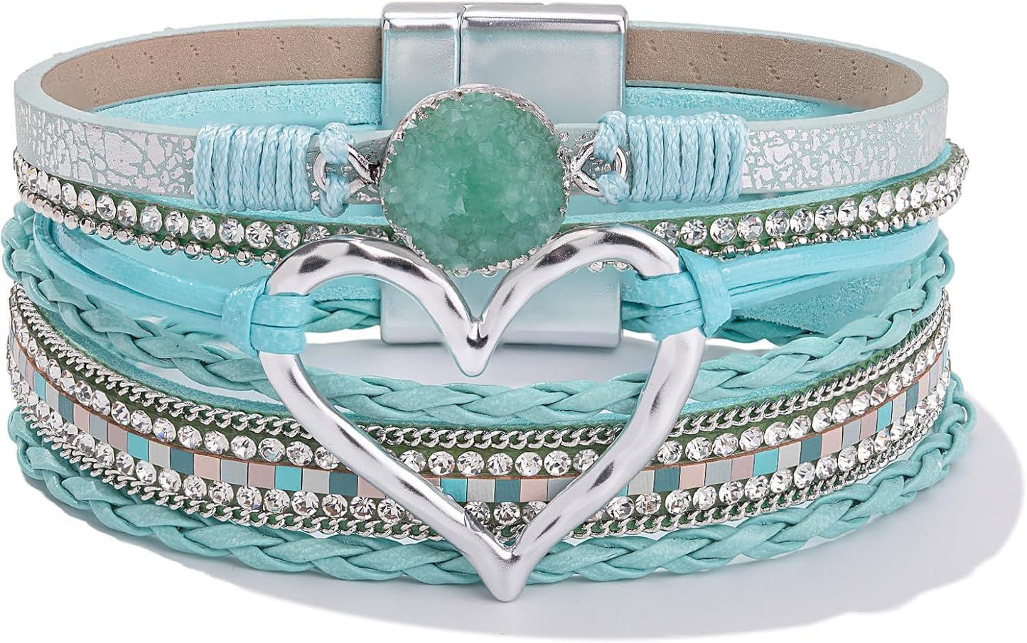 Heart Leather Wrap Bracelets Stackable Boho Cuff Bangles Trendy Resin Stone Rhinestone Bracelets with Magnetic Clasp for Women Mother Gift Jewelry