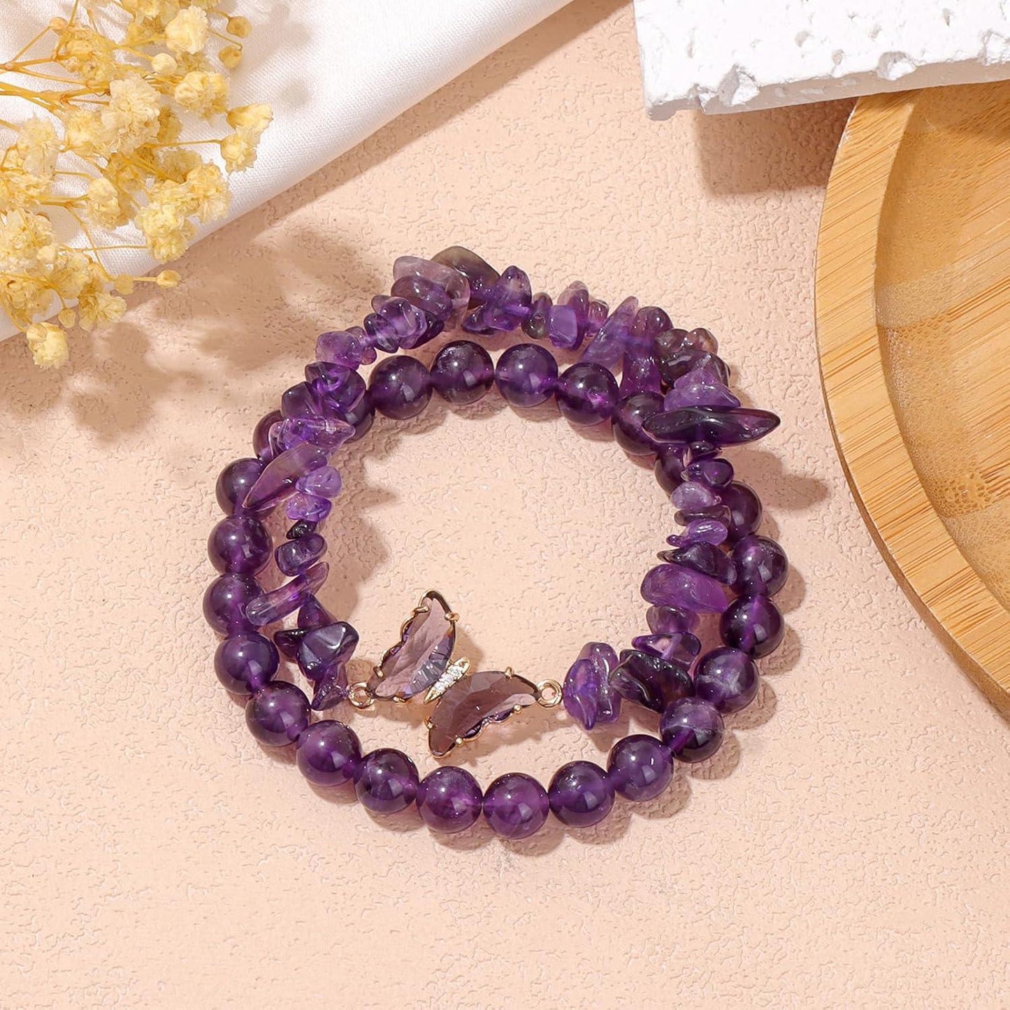 KDTONG Amethyst Bracelet For Women Anxiety Amethyst Beaded Bracelets Butterfly Charms Healing Stone Layered Bracelet Gifts For Women