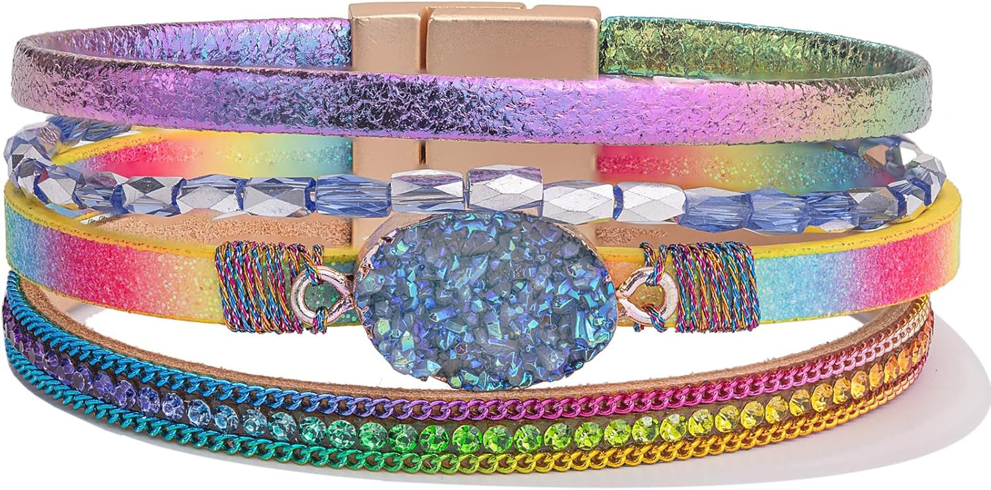 Leather Wrap Bracelet Boho Cuff Bangle Bracelets Crystal Bead Bracelet with Magnetic Clasp Jewelry Gifts for Women