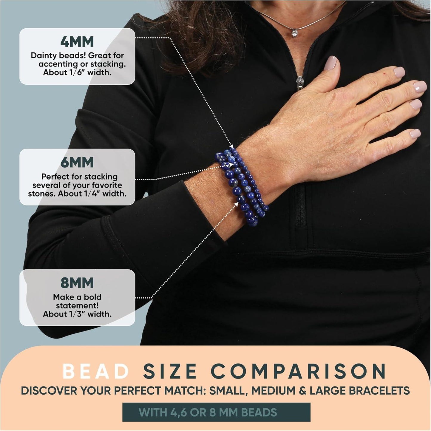 Small, Medium, Large Sizes - Gemstone Beaded Bracelets For Women and Men - 6mm Round Beads