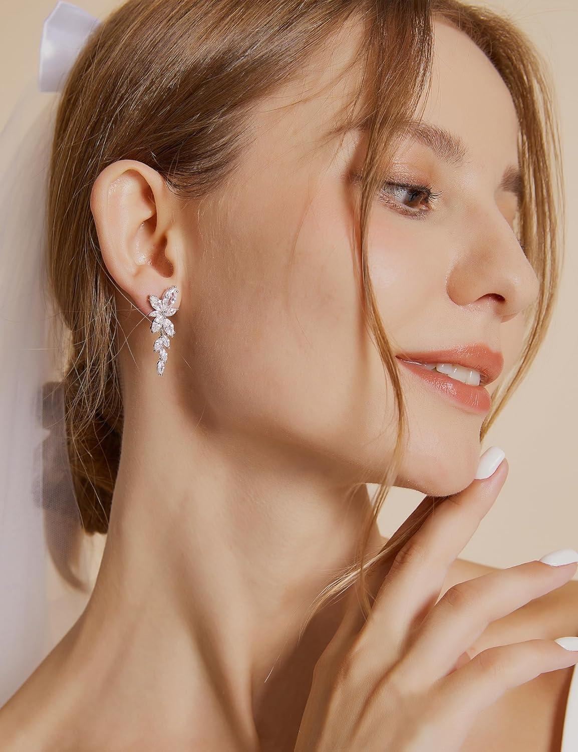 Silver Dangle Earrings for Women Cubic Zirconia Marquise Bridal Wedding Earrings 925 Sterling Silver Post Engagement Earring