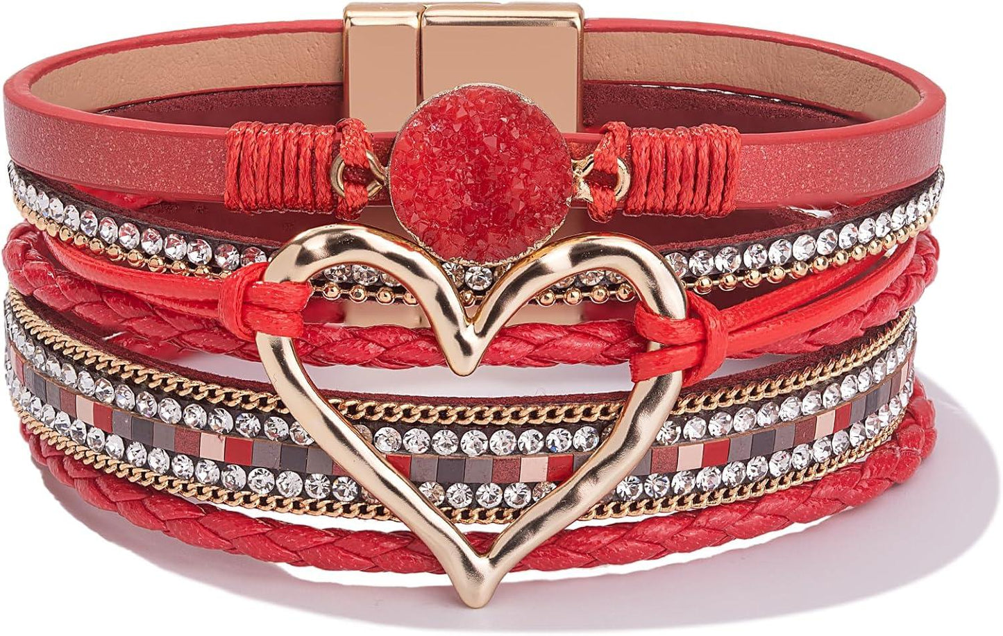 Heart Leather Wrap Bracelets Stackable Boho Cuff Bangles Trendy Resin Stone Rhinestone Bracelets with Magnetic Clasp for Women Mother Gift Jewelry