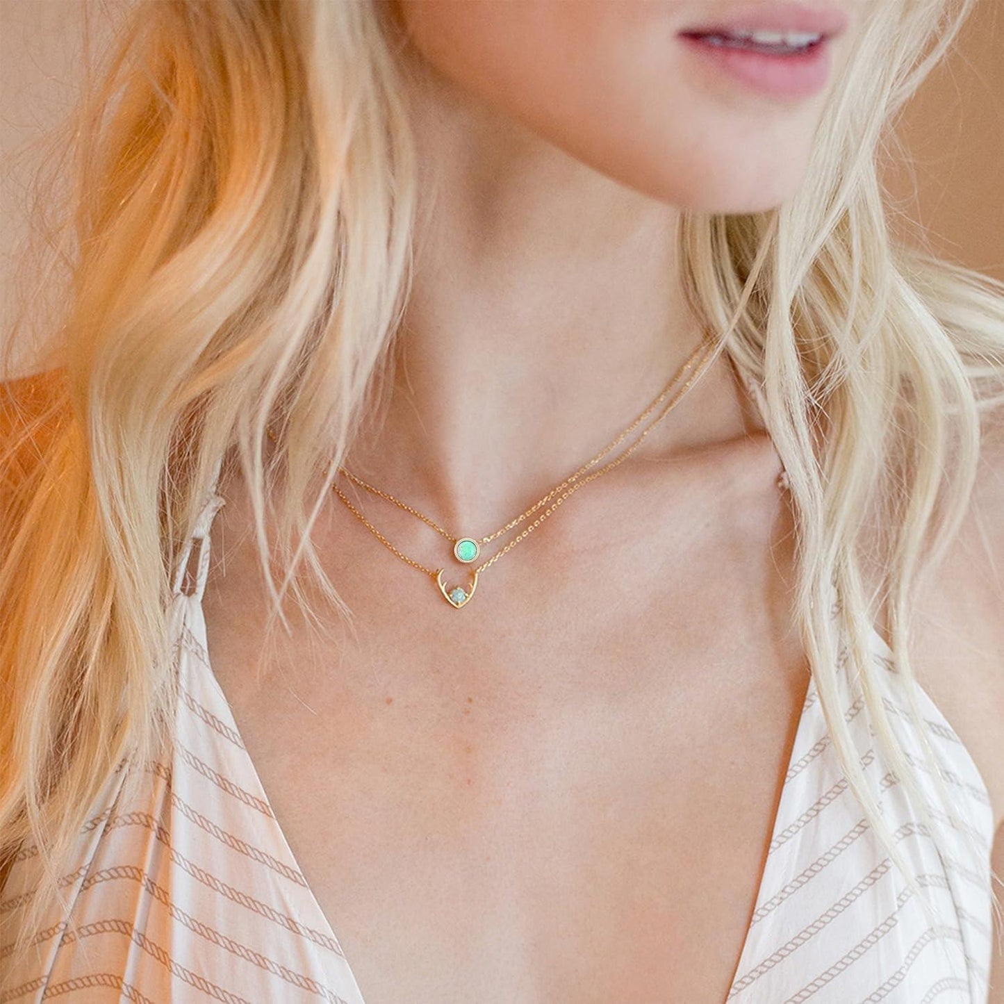 KDTONG 14K Gold Plated Opal Pendant Necklaces for Women | Created Opal Cubic Zirconia Dainty Necklace | Butterfly Round Triangle Antler Bar Pendants