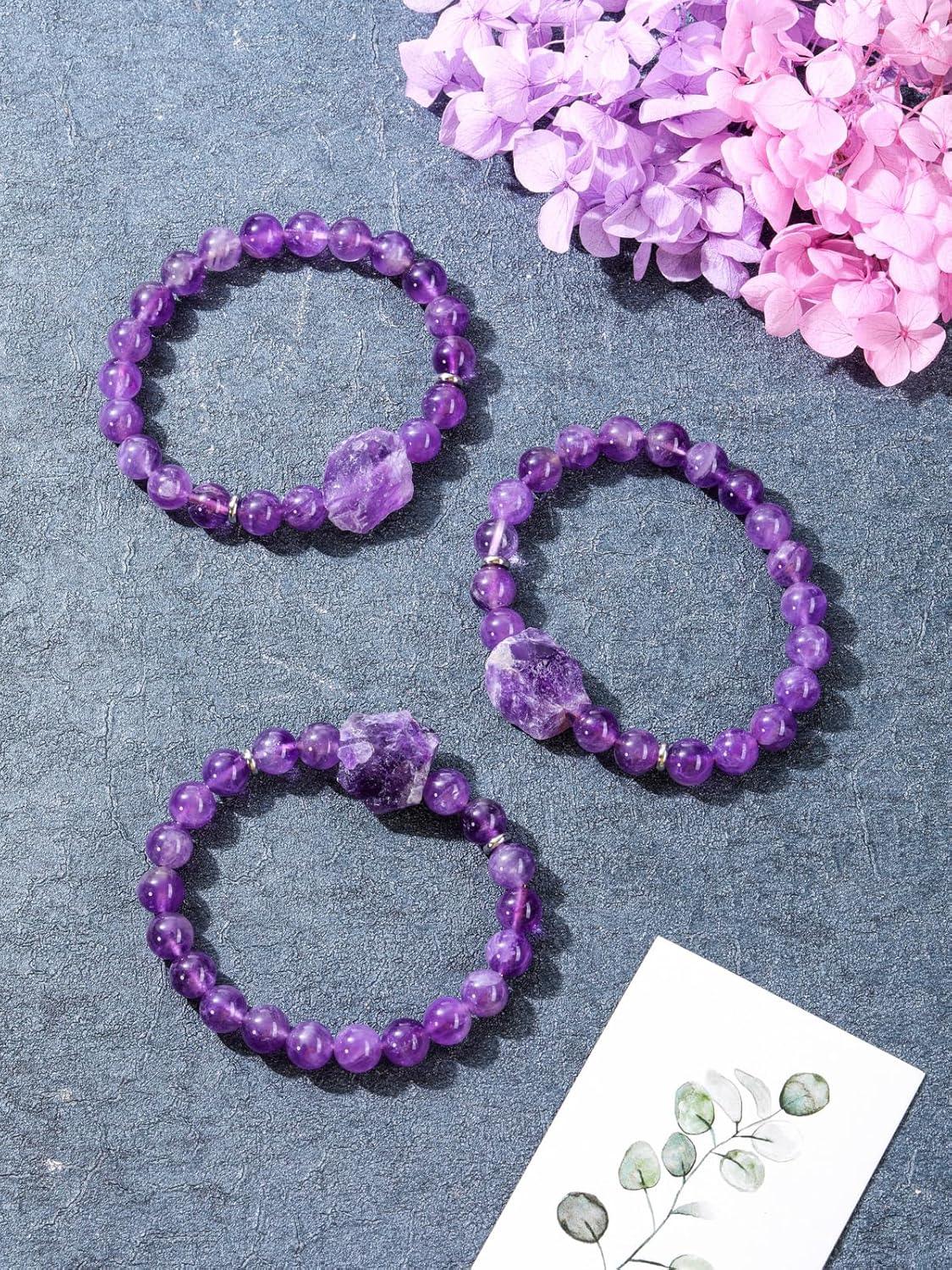 Amethyst Crystal Beaded Bracelet for Women,Natural Gem Semi Precious Reiki Healing Crystal Energy Quartz Bracelet,Handmade 8mm Round Stone Beads Stretch Bracelet