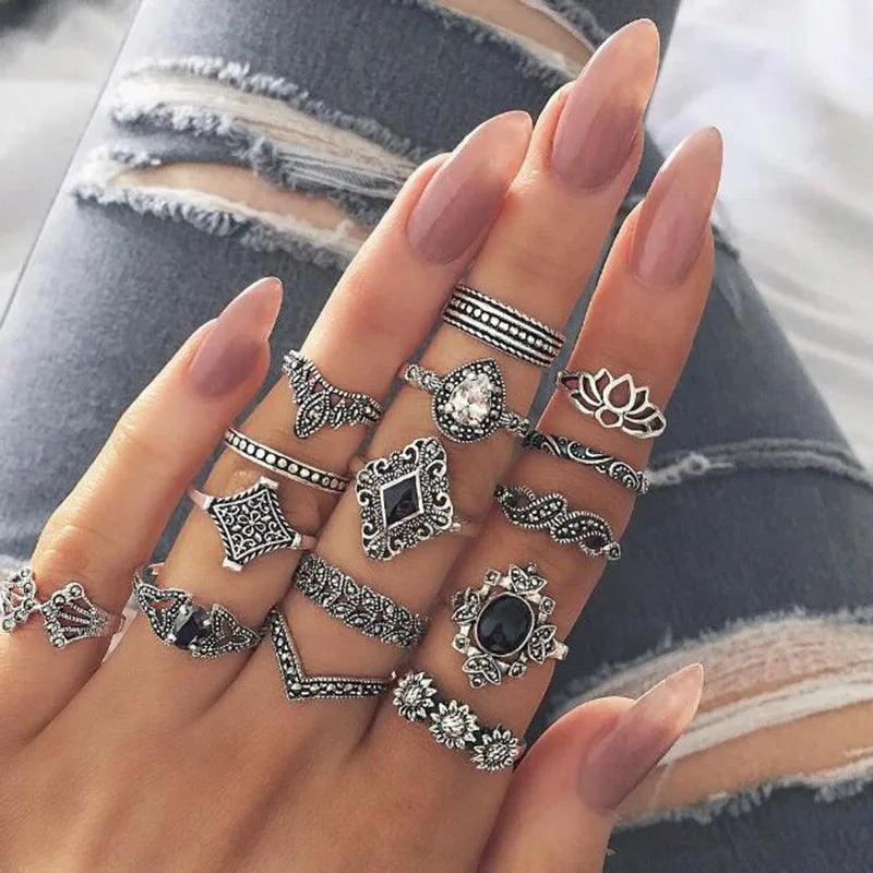 15 Pcs Bohemian Retro Rings Set For Women Crystal Flower Leaves Hollow Lotus Gem Knuckle Ring Wedding Jewelry
