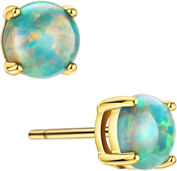 18K Gold Plated Opal Stud Earrings for Women Sterling Silver 5mm Solitaire Green Opal 4 Prongs Setting Simple Women Earrings