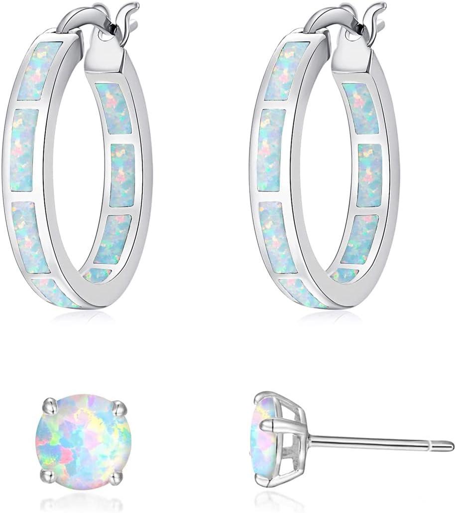 KDTONG Sterling Silver/Rose Gold/Yellow Gold Plated Hoop Earrings 20mm,Multicolor Opal Small Hoop Earrings for Women Girls Hypoallergenic Jewelry for Sensitive Ears Gemstone Earrings