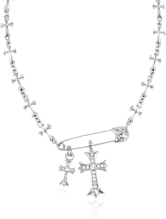 Cross Necklaces for Women, Safety Pin Necklace Silver Cross Cubic Zirconia Pendant Necklace, Faith Cross Necklaces Punk Goth Jewelry for Women Men