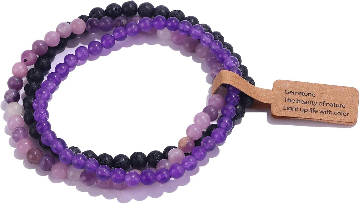 3PCS Crystal Bracelets for Women Men 4mm Semi-Precious Gemstone Beaded Bracelets Round Gemstones Elastic Stretch Bracelet Yoga Bracelets Unisex Jewelry