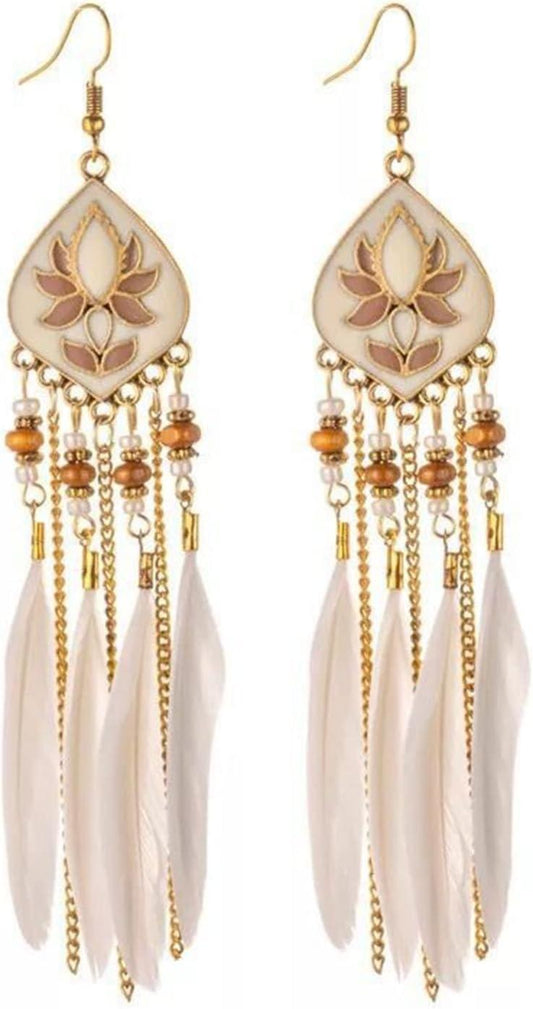 Punk Vintage Long Tassel Feather Earrings for Women Bohemian Handmade Natural Pendant Earring Fish Hook Earrings Vintage Boho Multicolor Tassel Feathers Dangle Drop Earrings Jewelry
