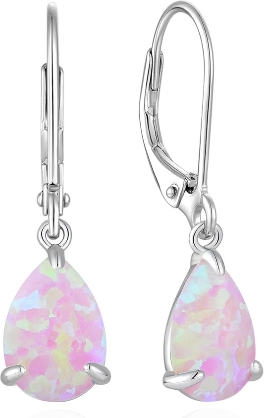 Dangle Drop Earrings 925 Sterling Silver Solitaire Leverback Earring Teardrop Created Opal Jewelry Gifts for Women