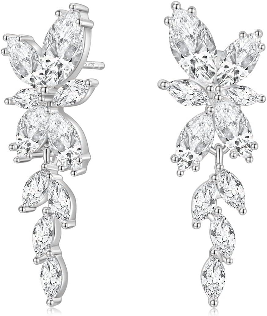 Silver Dangle Earrings for Women Cubic Zirconia Marquise Bridal Wedding Earrings 925 Sterling Silver Post Engagement Earring