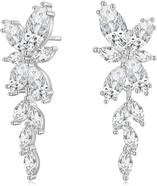 Silver Dangle Earrings for Women Cubic Zirconia Marquise Bridal Wedding Earrings 925 Sterling Silver Post Engagement Earring