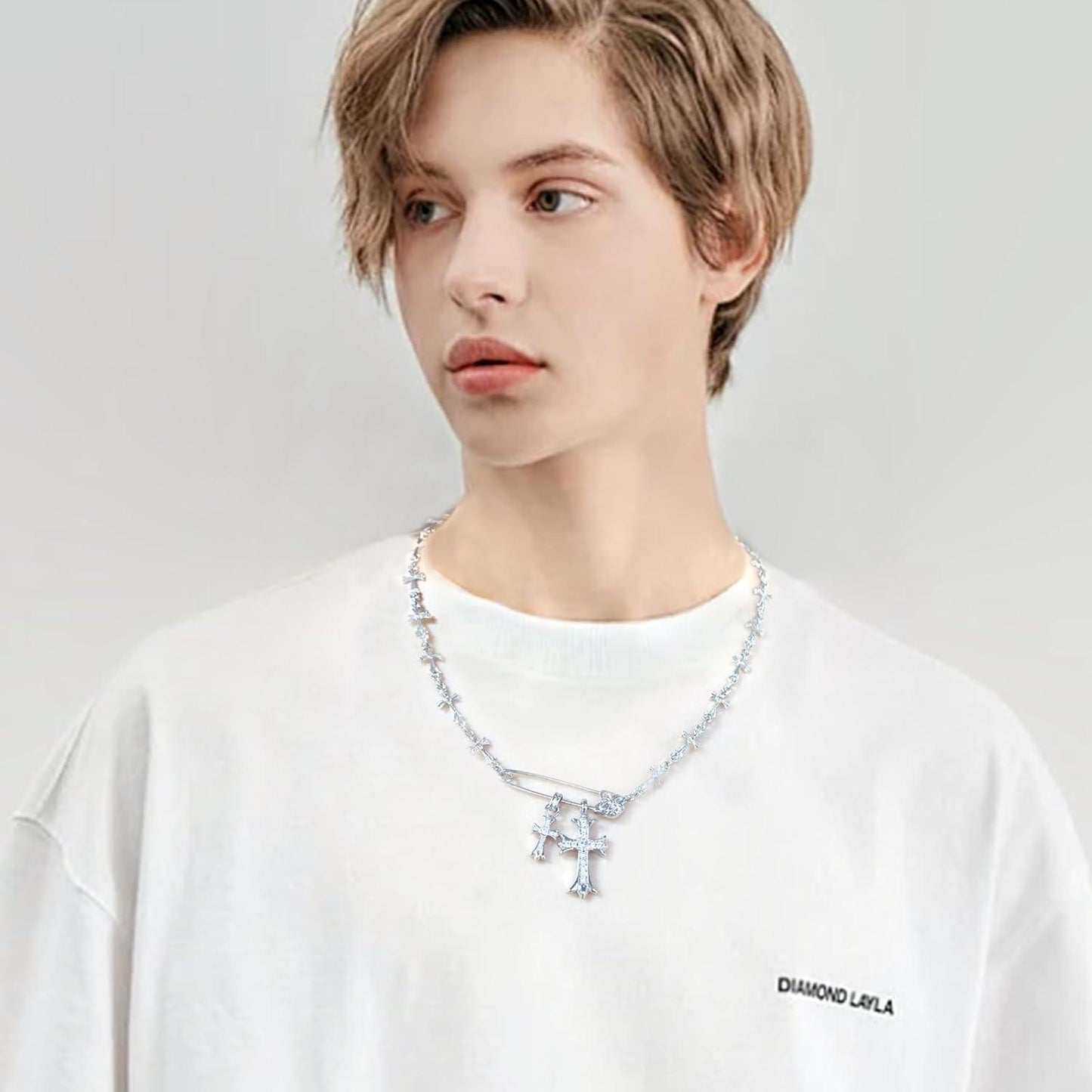 Cross Necklaces for Women, Safety Pin Necklace Silver Cross Cubic Zirconia Pendant Necklace, Faith Cross Necklaces Punk Goth Jewelry for Women Men