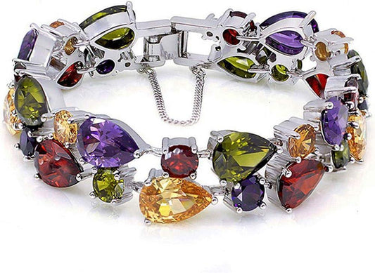 Silver Bangle Bracelets For Women Classic Fashion Bracelet with Gemstone Garnet White Topaz Amethyst Citrine Peridot Pink Topza 8 Inches