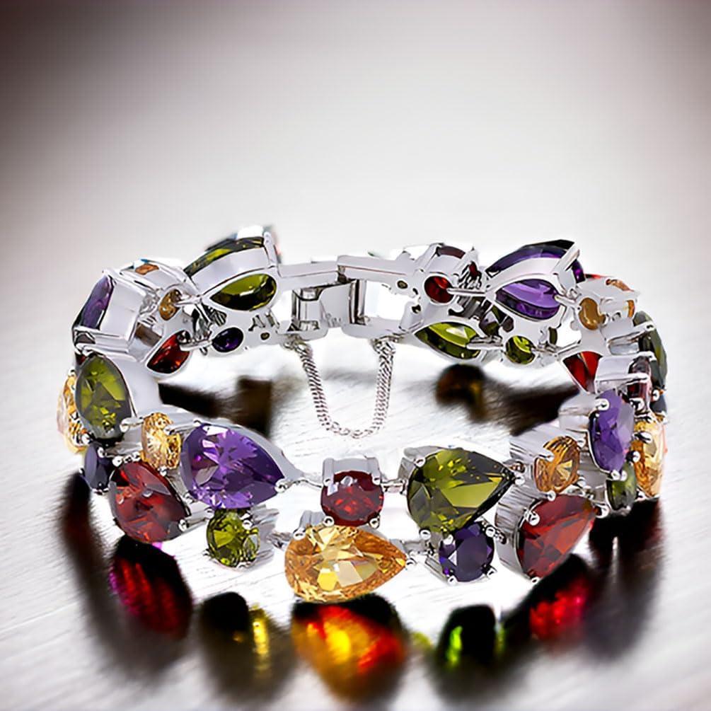 Silver Bangle Bracelets For Women Classic Fashion Bracelet with Gemstone Garnet White Topaz Amethyst Citrine Peridot Pink Topza 8 Inches