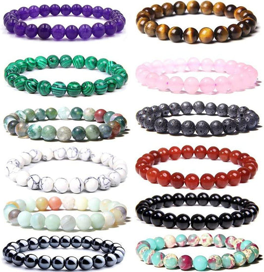 KDTONG 12PCS 8mm Gorgeous Semi-Precious Gemstones Round Beads Energy Power Crystal Reiki Elastic Stretch Bracelet For Women men Gifts