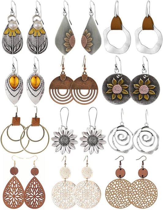 Kdtong 12 Pairs Boho Vintage Geometric Round Earrings Wooden Leather Earrings Ethnic Style Vintage Sunflower Earrings Christmas Earrings for Women and Girls, Silver