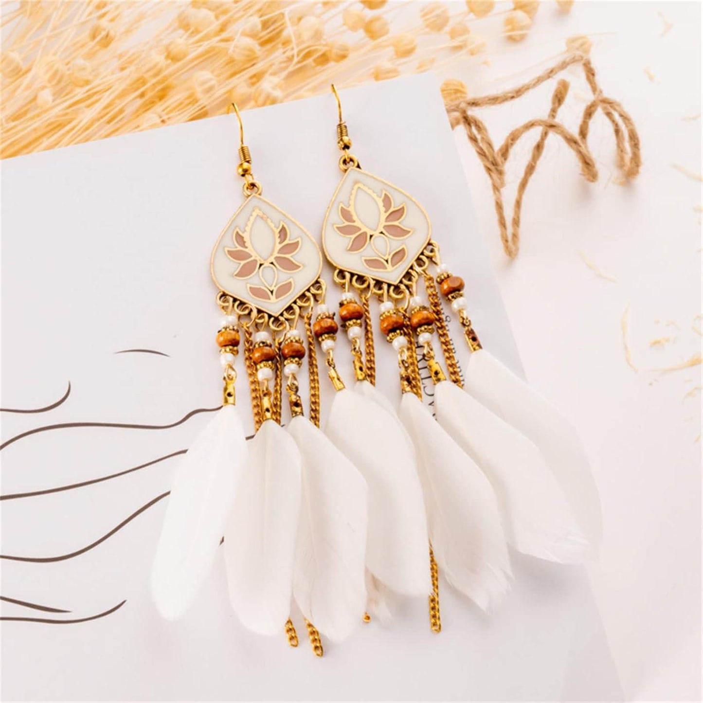 Punk Vintage Long Tassel Feather Earrings for Women Bohemian Handmade Natural Pendant Earring Fish Hook Earrings Vintage Boho Multicolor Tassel Feathers Dangle Drop Earrings Jewelry