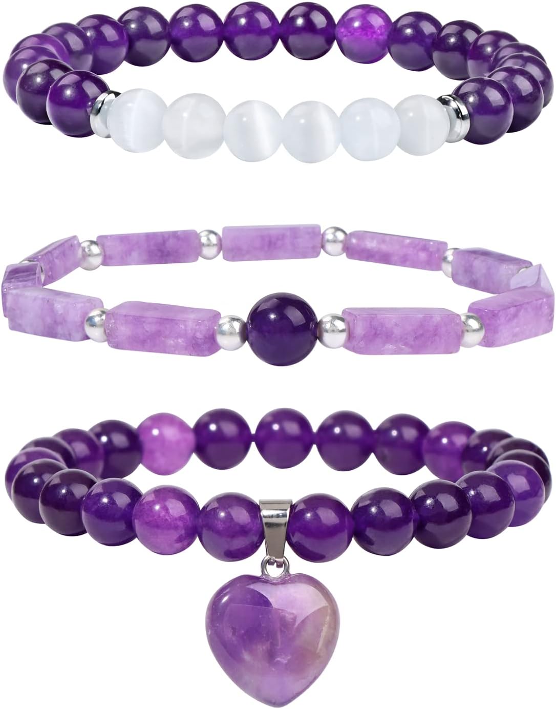 Healing Crystal Beaded Bracelets for Women,Natural Amethyst Gemstones Bracelet,Anxiety Stress Relief Heart Charm Bracelet Handmade purple Jewelry Gifts for Women