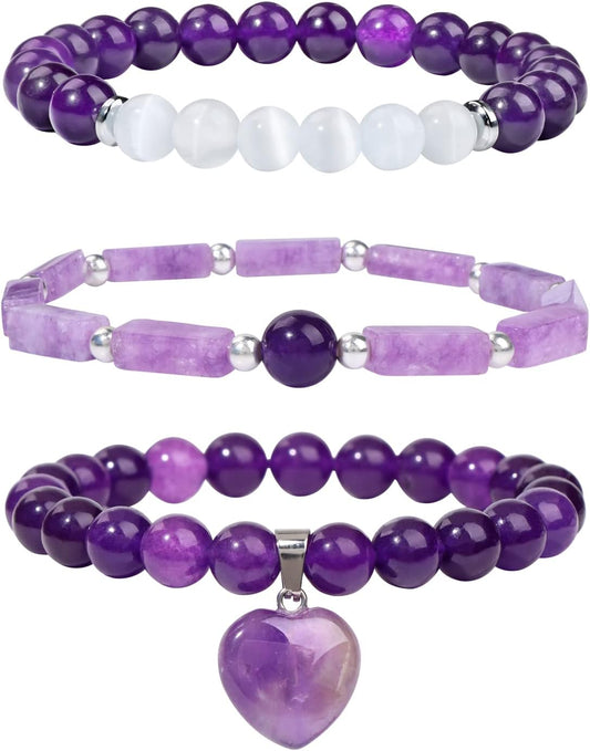 Healing Crystal Beaded Bracelets for Women,Natural Amethyst Gemstones Bracelet,Anxiety Stress Relief Heart Charm Bracelet Handmade purple Jewelry Gifts for Women