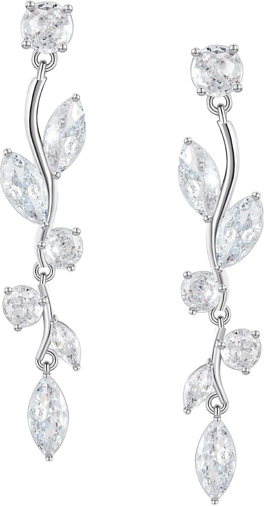 KDTONG Vine Wedding Earrings for Brides, Bridesmaids Earrings Gifts, Leaf Bridal Drop Earrings, Silver Cubic Zirconia Dangling Earrings for Prom Formal Party