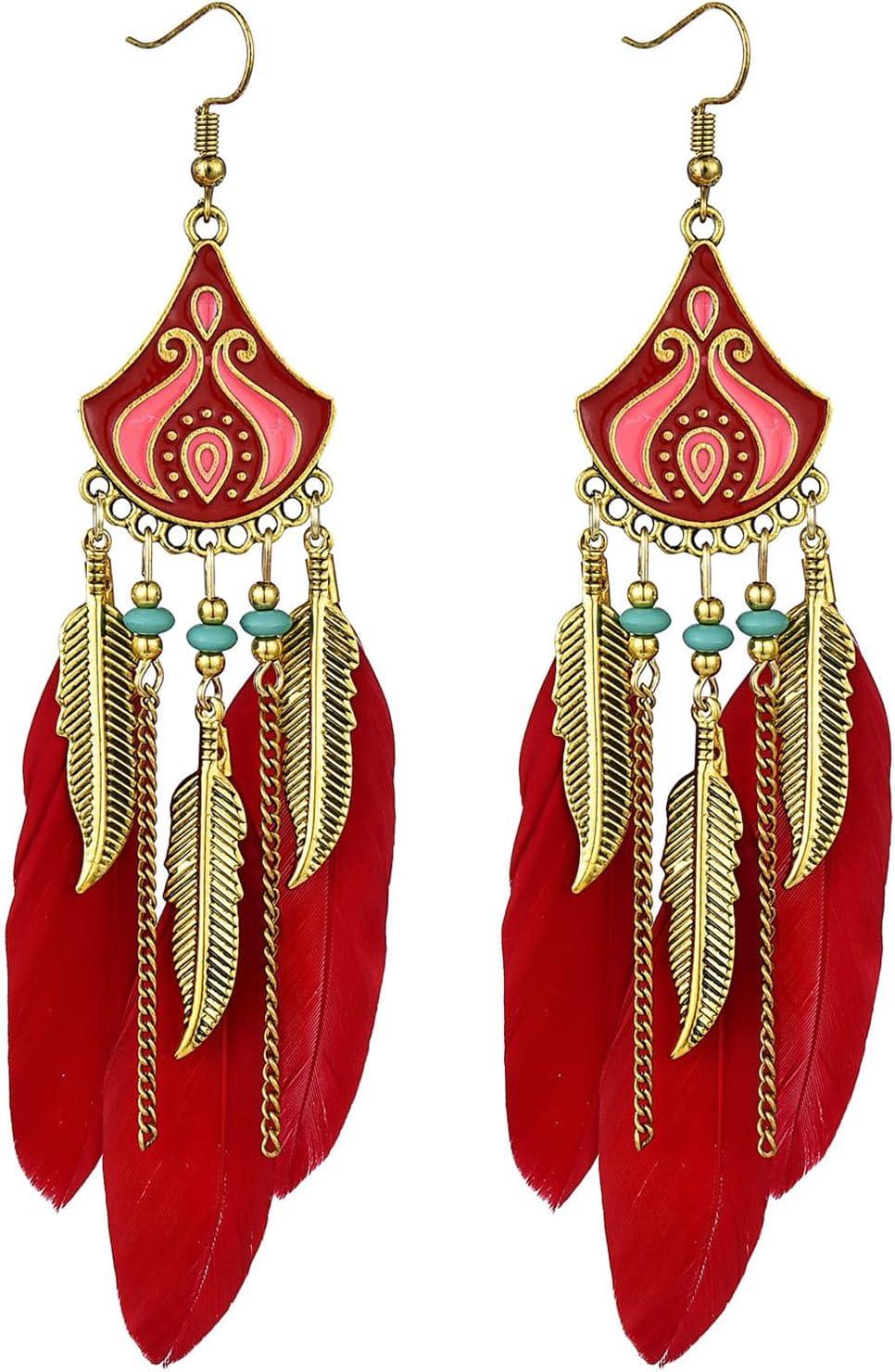 Punk Vintage Long Tassel Feather Earrings for Women Bohemian Handmade Natural Pendant Earring Fish Hook Earrings Vintage Boho Multicolor Tassel Feathers Dangle Drop Earrings Jewelry