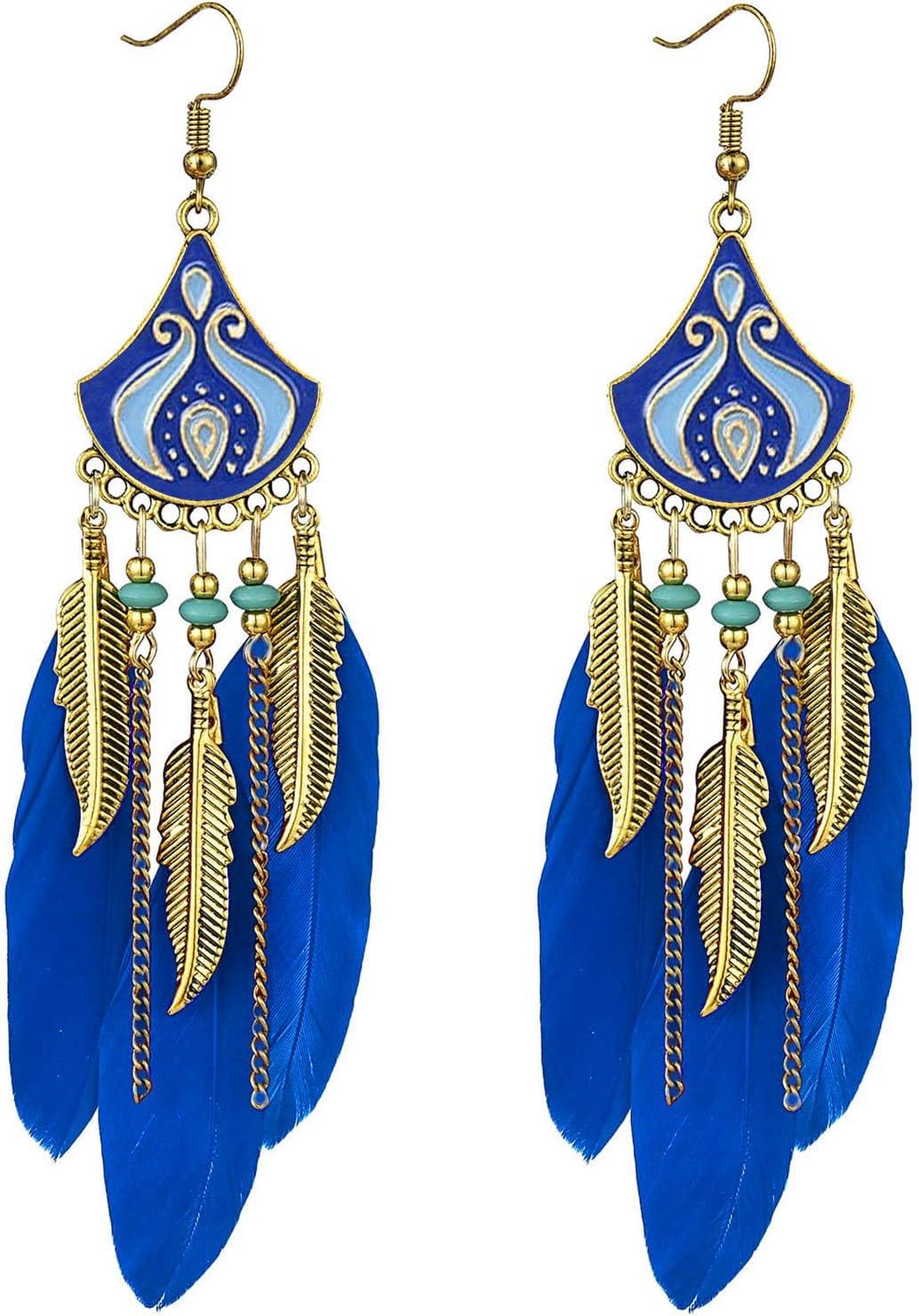 Punk Vintage Long Tassel Feather Earrings for Women Bohemian Handmade Natural Pendant Earring Fish Hook Earrings Vintage Boho Multicolor Tassel Feathers Dangle Drop Earrings Jewelry