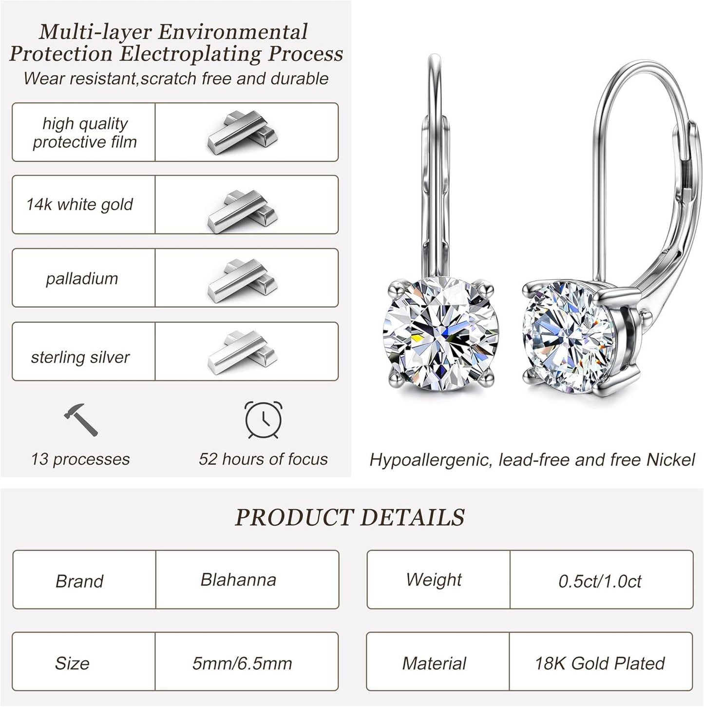 Moissanite Earrings,1.0ct-2.0ct D Color Brilliant Round Cut Lab Created Diamond Earrings 18K White Gold Plated Sterling Silver Dangle Earrings Moissanite Leverback Drop Earrings