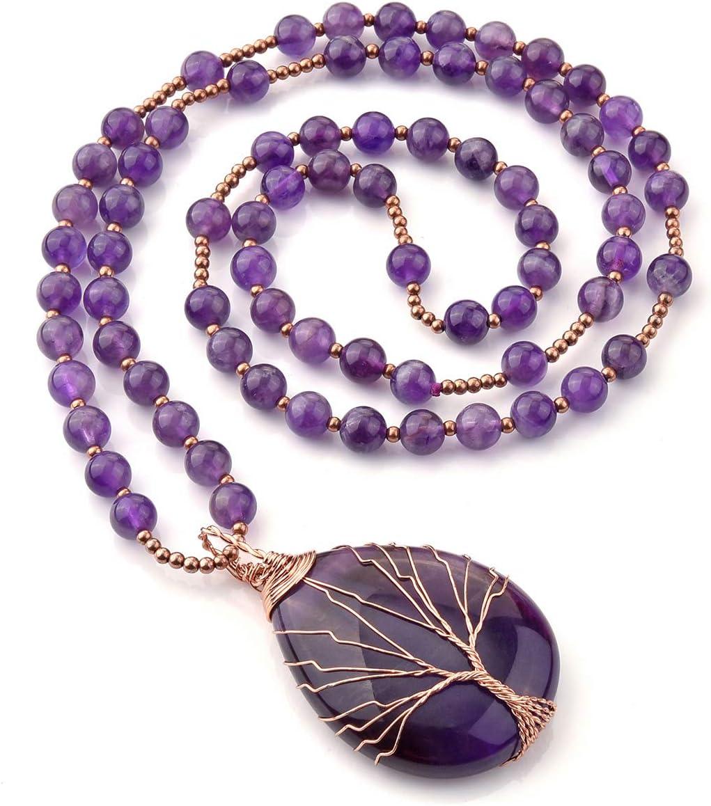 KDTONG Healing Crystal Amethyst Necklace Natural Stone Beads Life Tree Wire Wrapped Teardrop Gemstone Pendant Jewelry for Women Mom