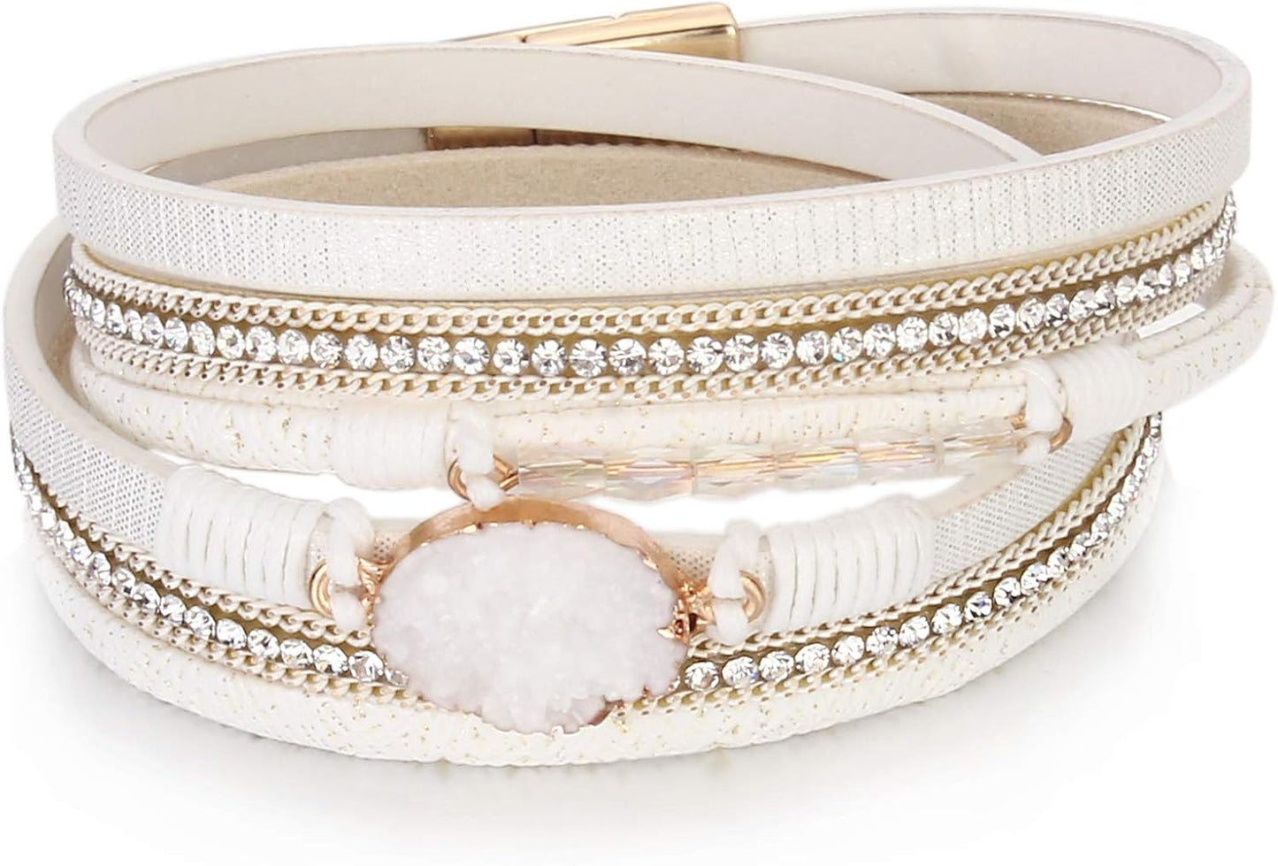 Leather Wrap Bracelet Boho Cuff Bangle Bracelets Crystal Bead Bracelet with Magnetic Clasp Jewelry Gifts for Women