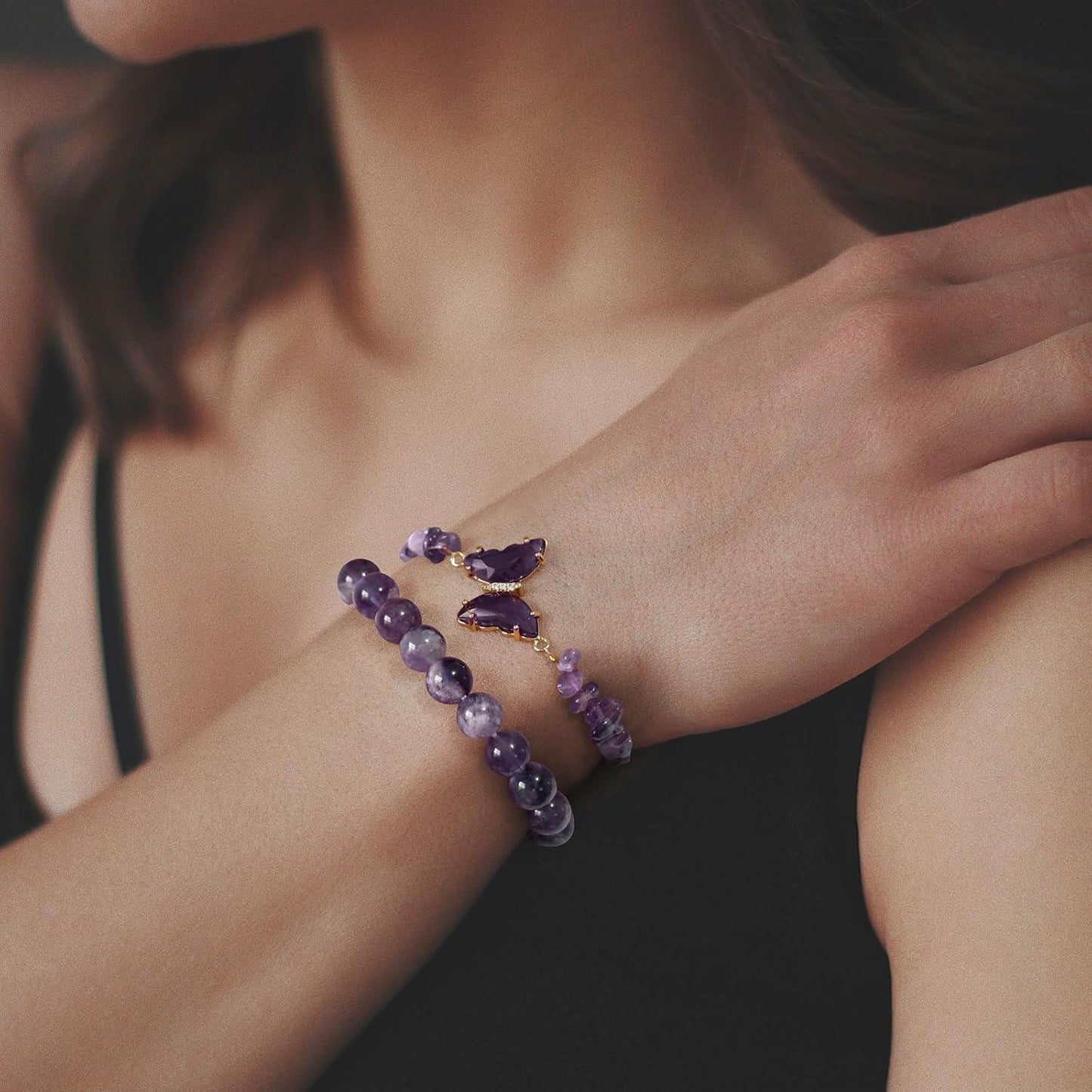 KDTONG Amethyst Bracelet For Women Anxiety Amethyst Beaded Bracelets Butterfly Charms Healing Stone Layered Bracelet Gifts For Women